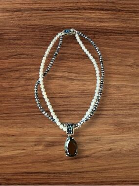 Sigal Double Strand Beaded Statement Necklace - Black/ White Pendant Necklace
